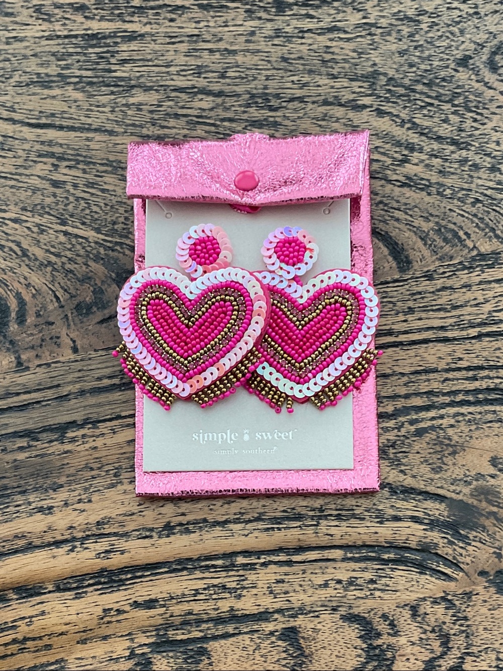 Simply Southern Pink Beaded Heart Drop Earrings